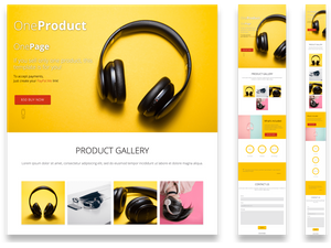 Fotomontagem de um site de e-commerce de uma página responsivo criado com o PageXL, apresentado em 3 formatos de ecrã.
