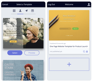 Captura de ecrã do PageXL num telemóvel, o serviço online gratuito para criar sites de uma página simples e modernos